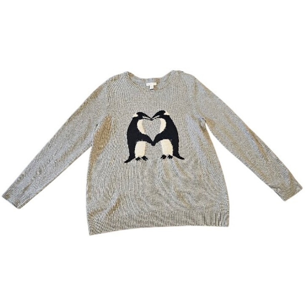 Charter Club Gray Penguin Heart Sweater Shoulder Button Detail Large Winter
